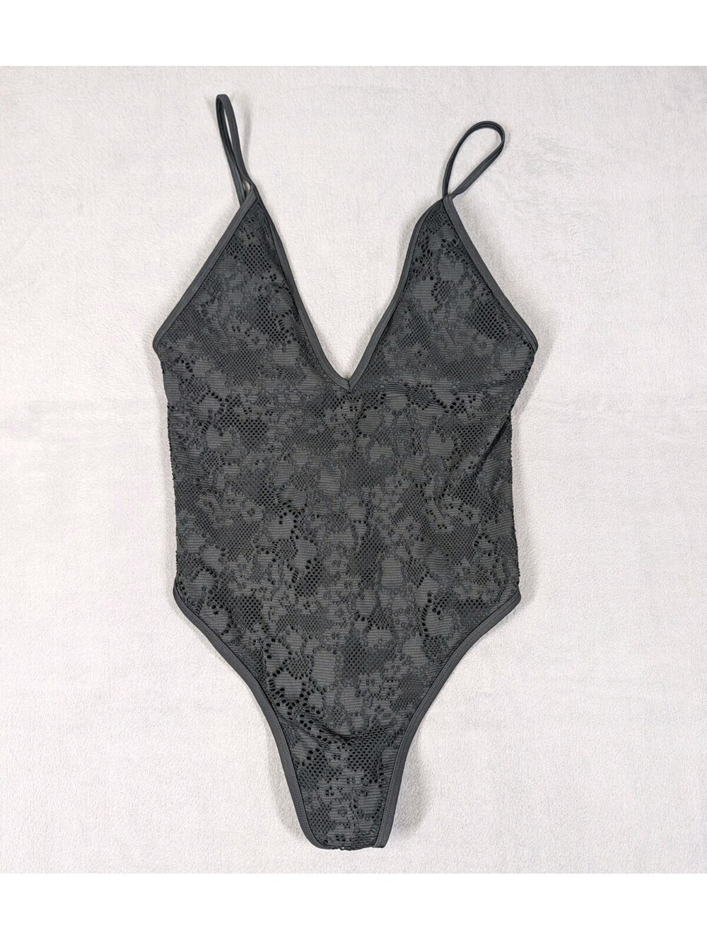 Aerie Women M Black Lace One Piece Swimsuit Plunge V Neck High Cut Cheeky Beachy